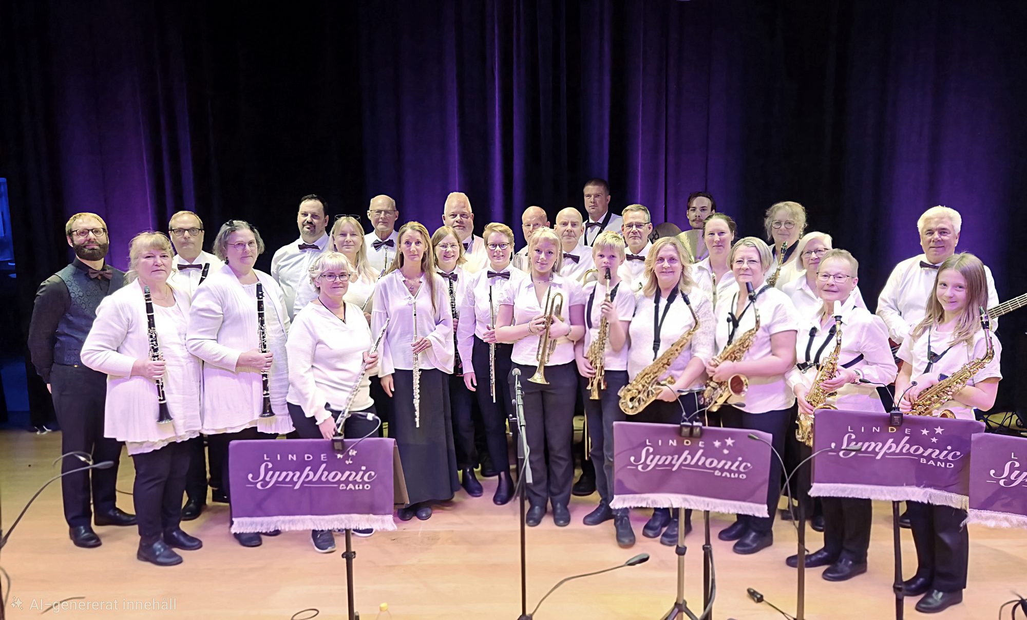 Linde Symphonic Band samlade på scenen framför lila ridå, med sina instrument
