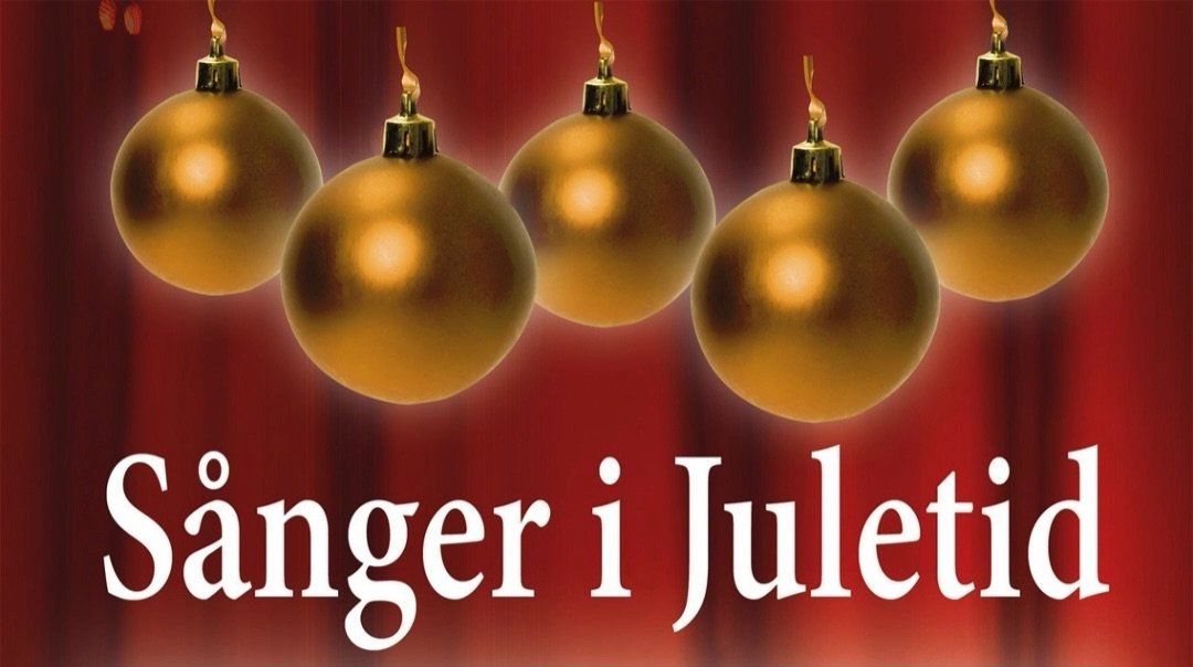 Sånger i Juletid — julkulor framför röd ridå